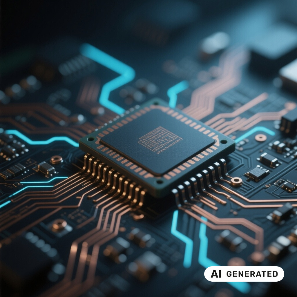 Makroaufnahme einer Platine mit Mikrochip und leuchtenden Kupferleiterbahnen