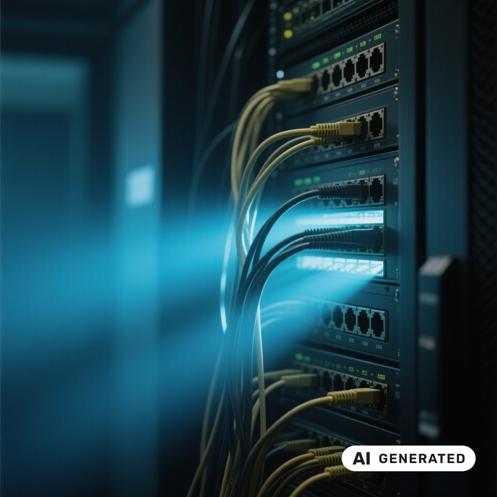 Nahaufnahme von Netzwerk-Switches und Patchkabeln in einem schwach beleuchteten Serverraum