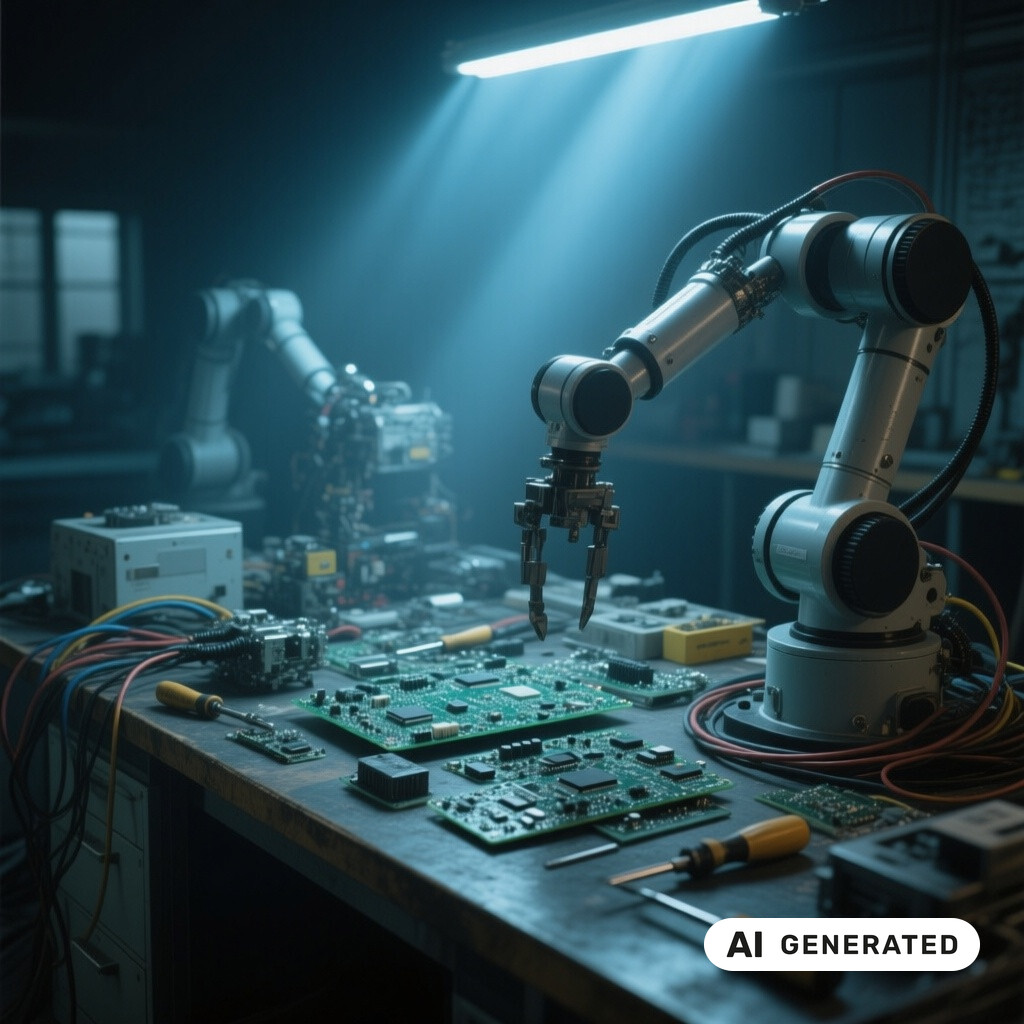 Werkbank in einem Hardware- und Robotiklabor mit Messgeraeten, Kabeln und zerlegten Geraeten
