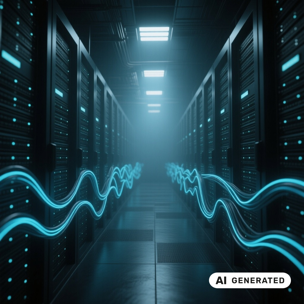 Serverraum mit langen Reihen von Racks, Glasfaserverkabelung und kuehlen blauen Kontrollleuchten