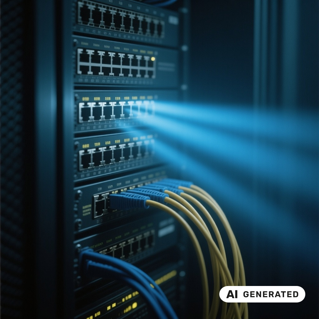 Nahaufnahme von Netzwerk-Switches und Patchkabeln in einem schwach beleuchteten Serverraum