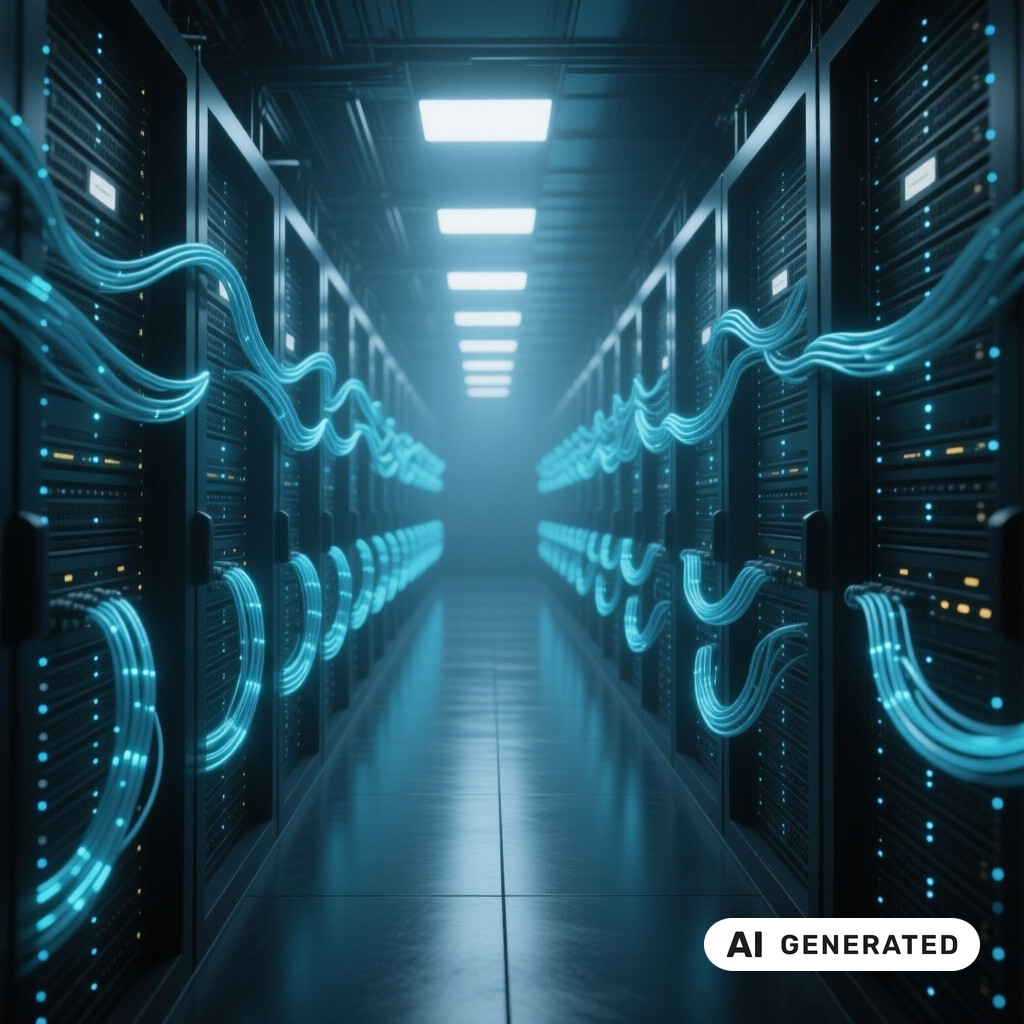 Serverraum mit langen Reihen von Racks, Glasfaserverkabelung und kuehlen blauen Kontrollleuchten