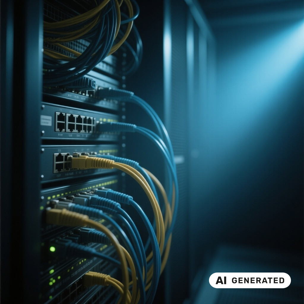 Nahaufnahme von Netzwerk-Switches und Patchkabeln in einem schwach beleuchteten Serverraum