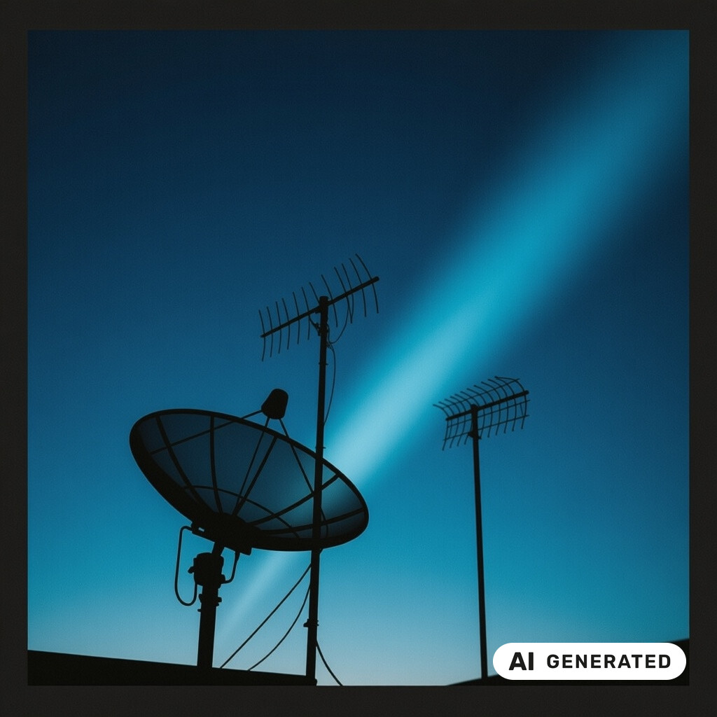 Satellitenschuessel und Antennenanlage als Silhouette vor tiefblauem Abendhimmel