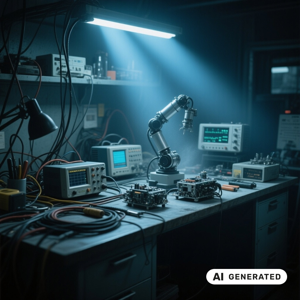 Werkbank in einem Hardware- und Robotiklabor mit Messgeraeten, Kabeln und zerlegten Geraeten