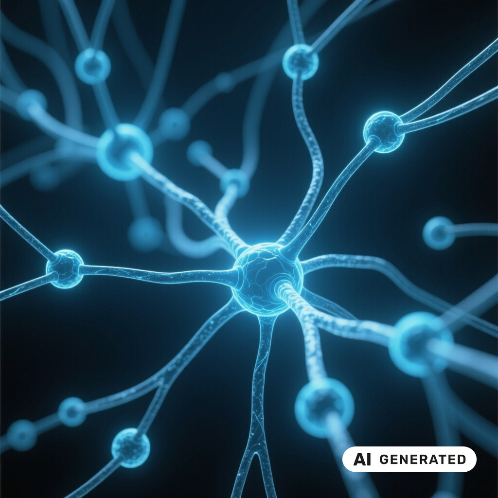 Abstrakte dreidimensionale Datenvisualisierung eines neuronalen Netzes im dunklen Raum