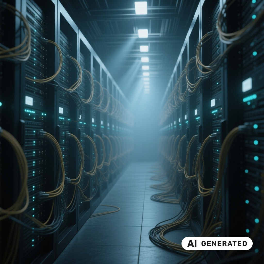 Serverraum mit langen Reihen von Racks, Glasfaserverkabelung und kuehlen blauen Kontrollleuchten