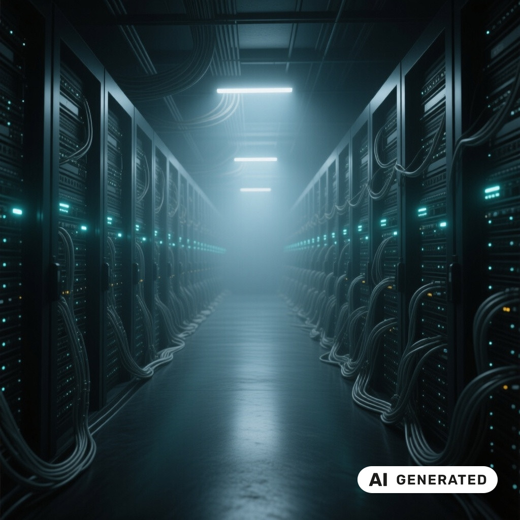 Serverraum mit langen Reihen von Racks, Glasfaserverkabelung und kuehlen blauen Kontrollleuchten