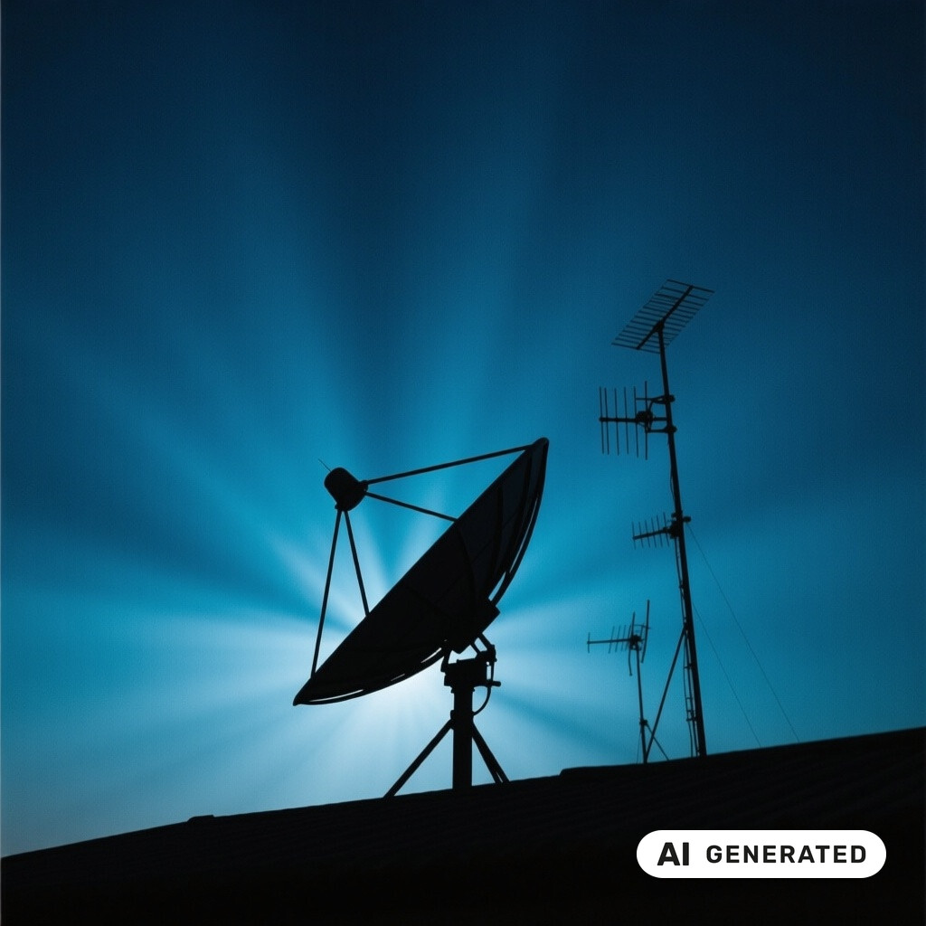 Satellitenschuessel und Antennenanlage als Silhouette vor tiefblauem Abendhimmel