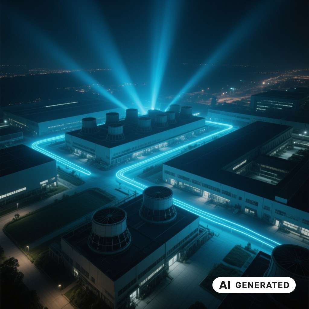 Luftaufnahme eines Rechenzentrums-Campus bei Nacht mit Kuehlanlagen und Lichtspuren