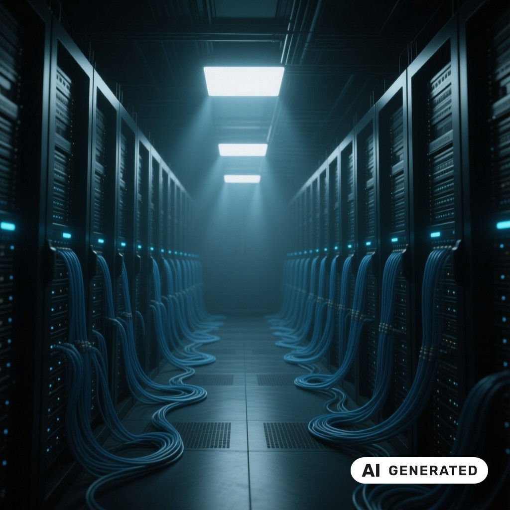 Serverraum mit langen Reihen von Racks, Glasfaserverkabelung und kuehlen blauen Kontrollleuchten
