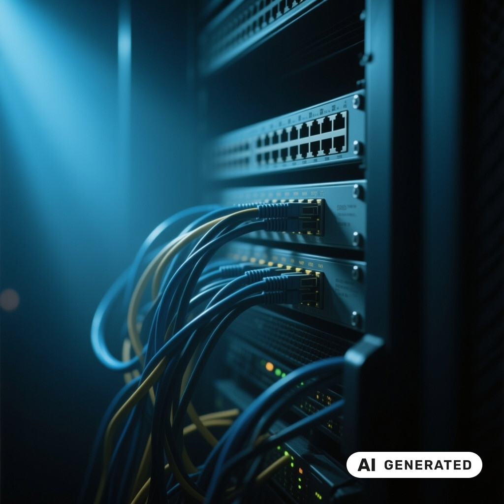 Nahaufnahme von Netzwerk-Switches und Patchkabeln in einem schwach beleuchteten Serverraum