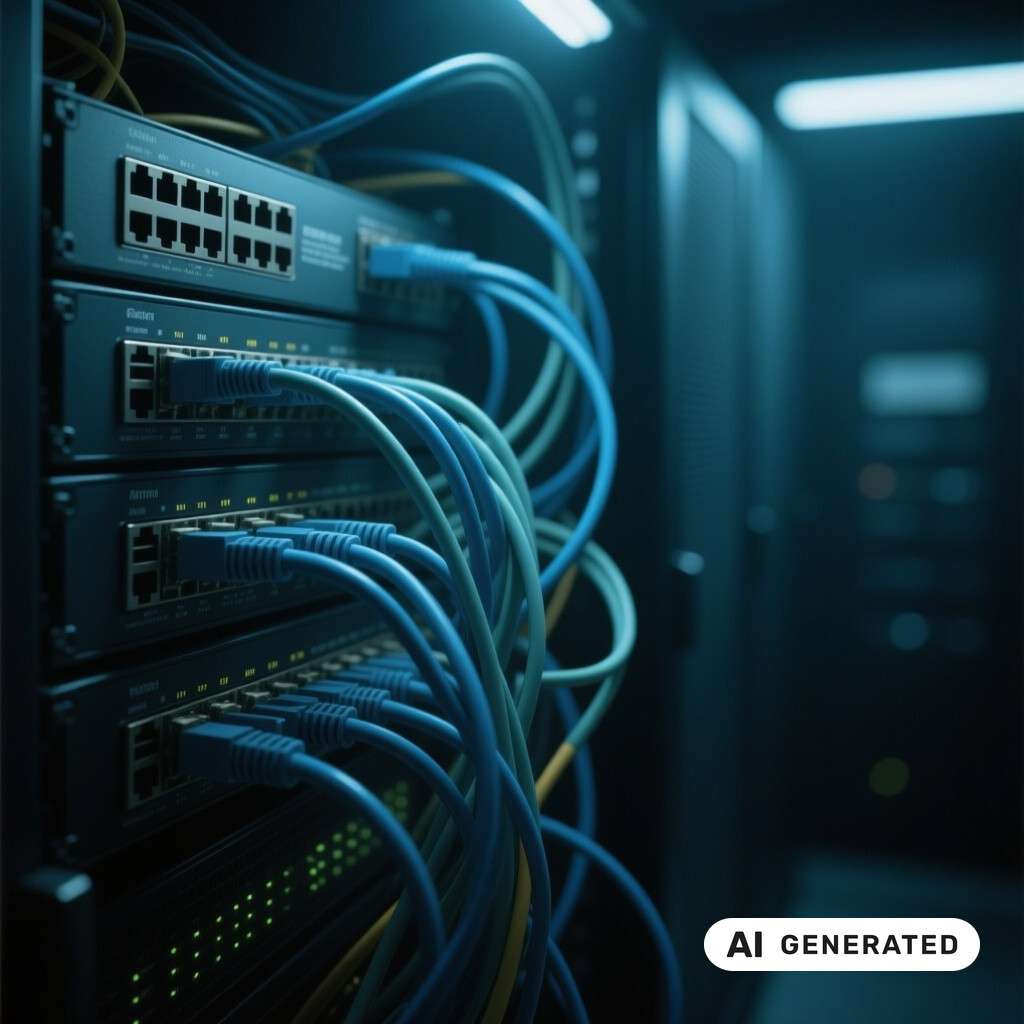 Nahaufnahme von Netzwerk-Switches und Patchkabeln in einem schwach beleuchteten Serverraum