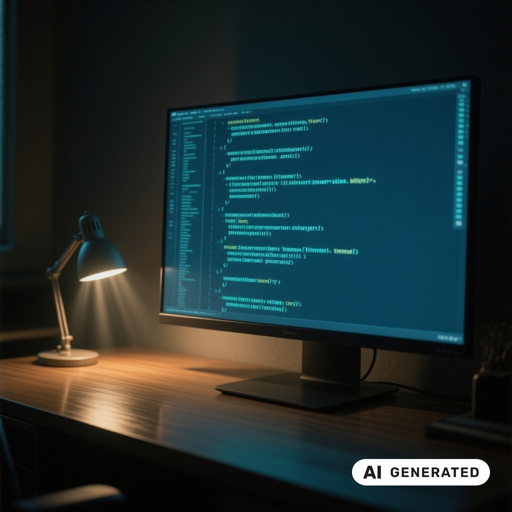 Quellcode auf einem grossen Monitor in einem abgedunkelten Raum, warmes Licht einer Schreibtischlampe