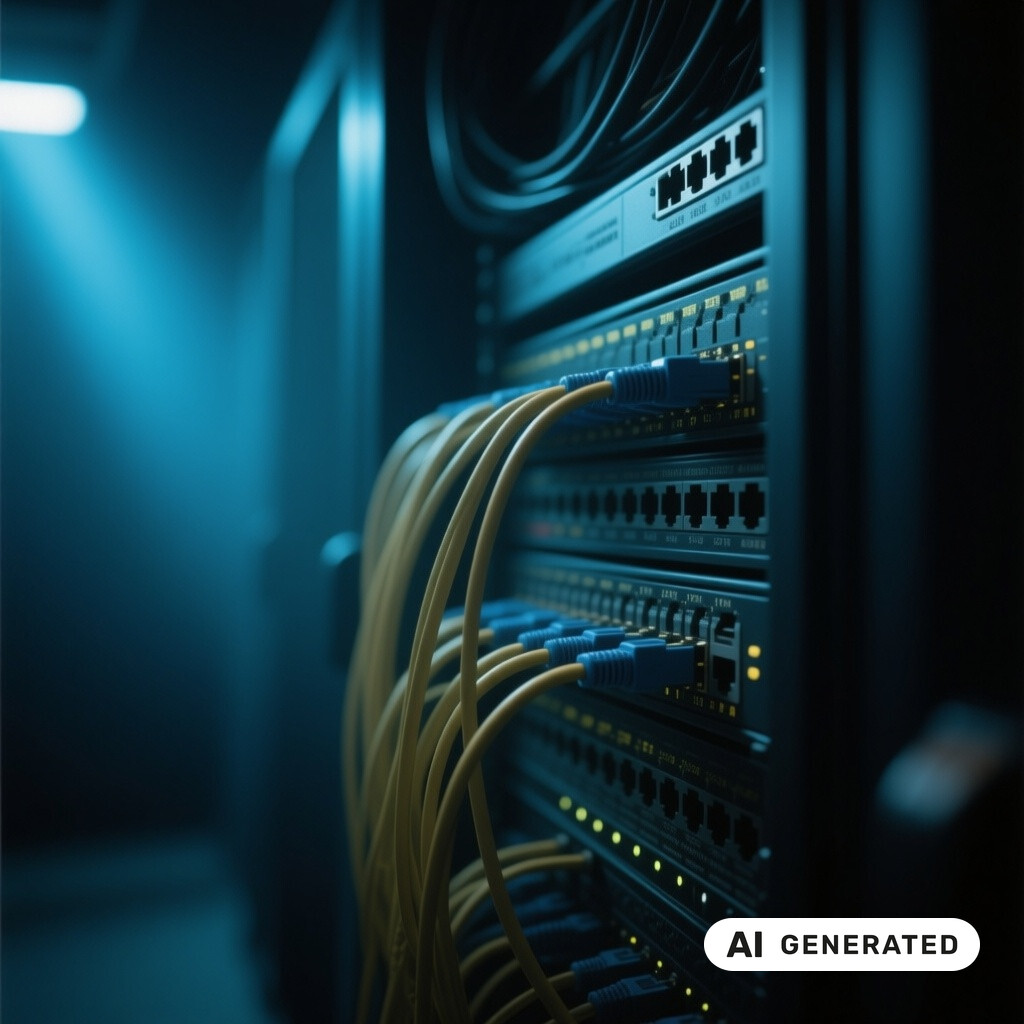 Nahaufnahme von Netzwerk-Switches und Patchkabeln in einem schwach beleuchteten Serverraum
