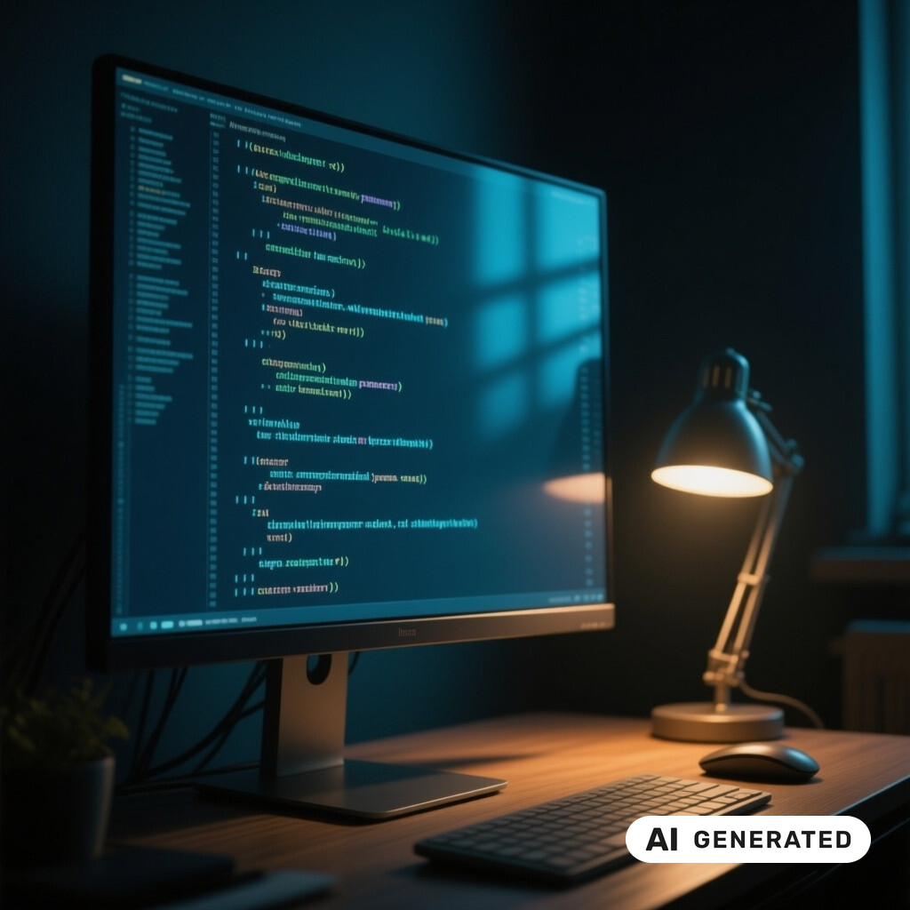 Quellcode auf einem grossen Monitor in einem abgedunkelten Raum, warmes Licht einer Schreibtischlampe