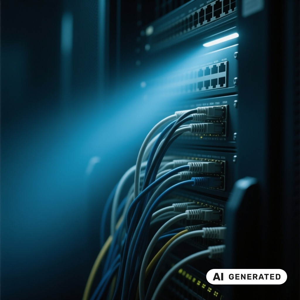 Nahaufnahme von Netzwerk-Switches und Patchkabeln in einem schwach beleuchteten Serverraum