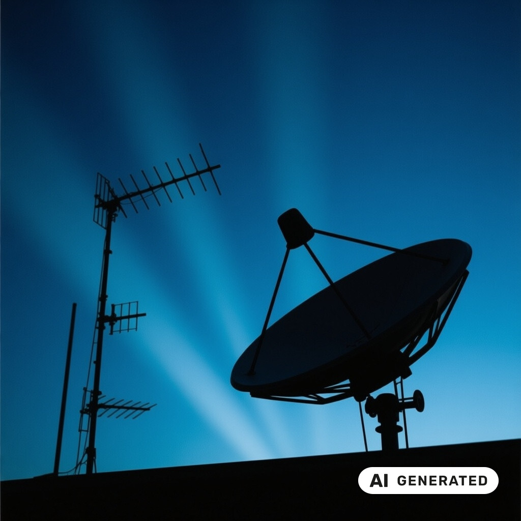 Satellitenschuessel und Antennenanlage als Silhouette vor tiefblauem Abendhimmel