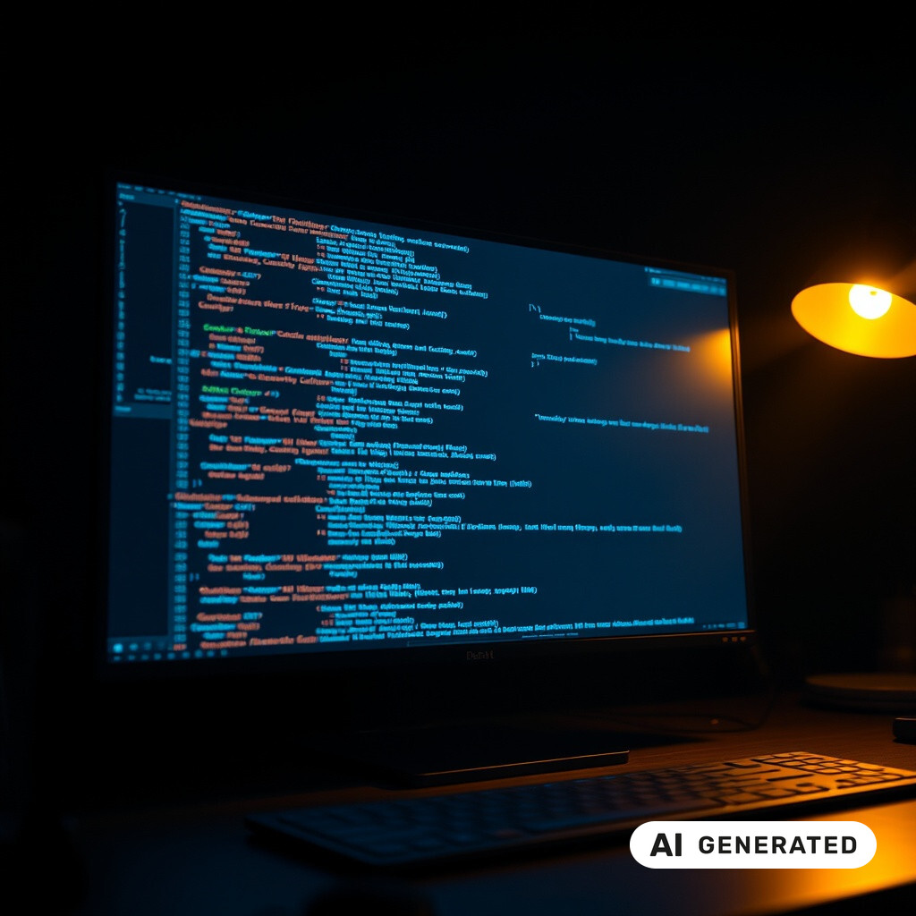 Bildschirm mit Programmcode neben einer warm leuchtenden Schreibtischlampe im dunklen Raum