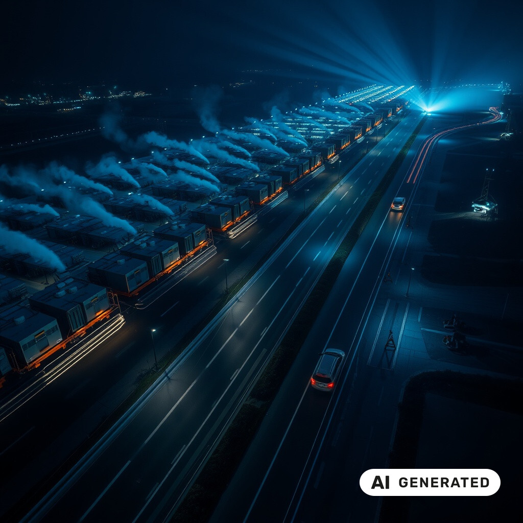 Nächtliche Luftaufnahme einer Autobahn neben einer beleuchteten Industrieanlage