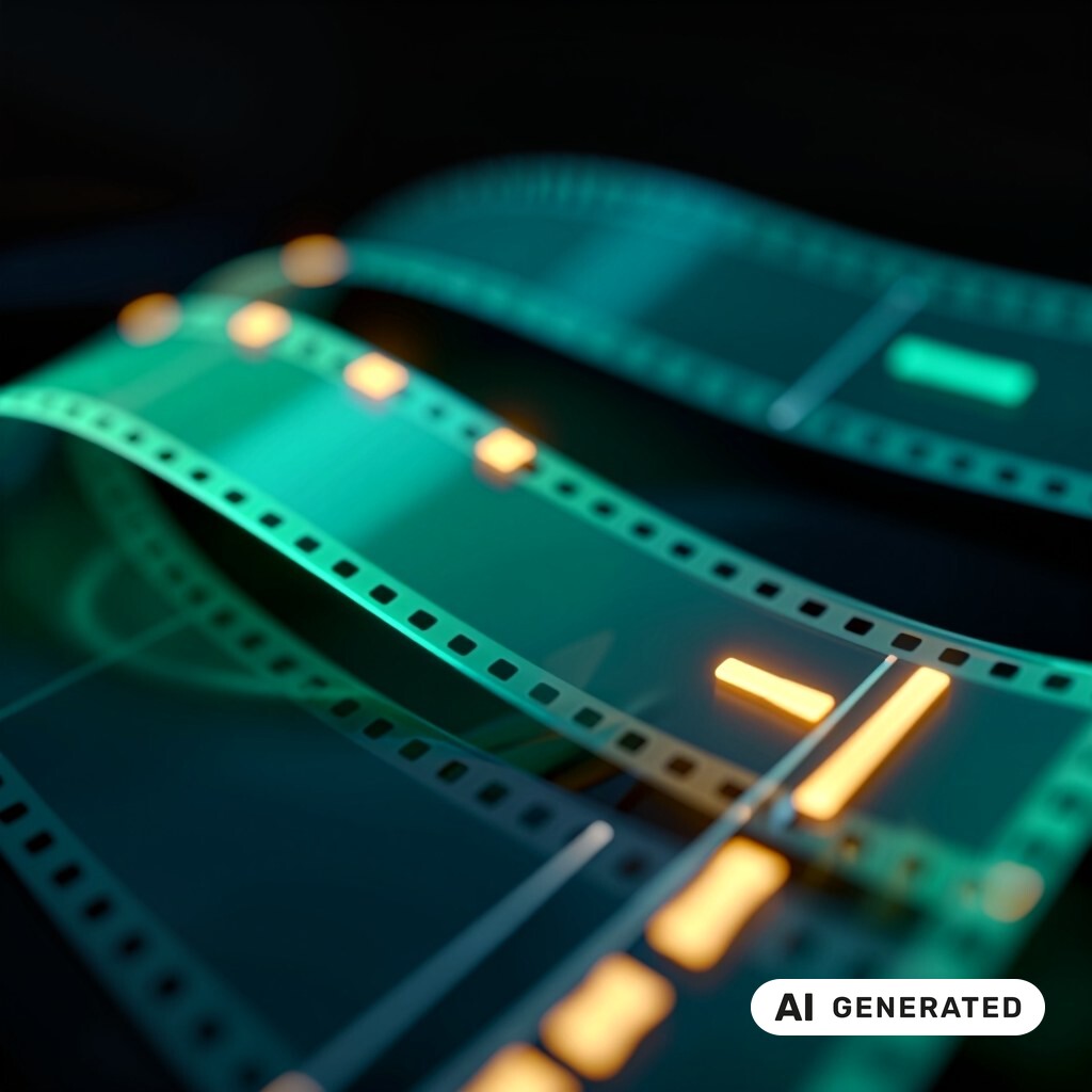Gestapelte Filmstreifen in Türkis mit leuchtenden orangefarbenen Keyframe-Markierungen entlang der Perforation