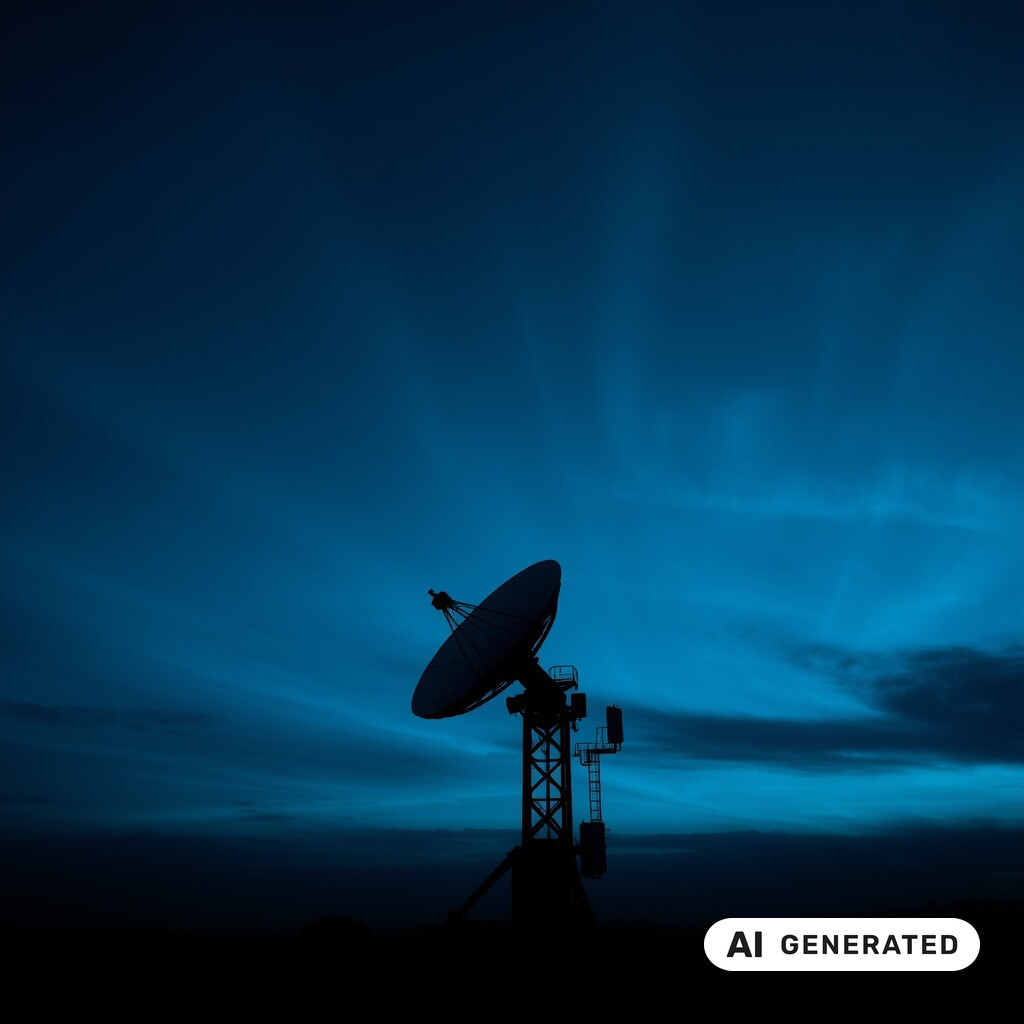 Silhouette einer Satellitenschüssel vor blauem Nachthimmel