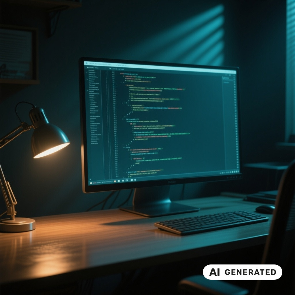 Quellcode auf einem grossen Monitor in einem abgedunkelten Raum, warmes Licht einer Schreibtischlampe