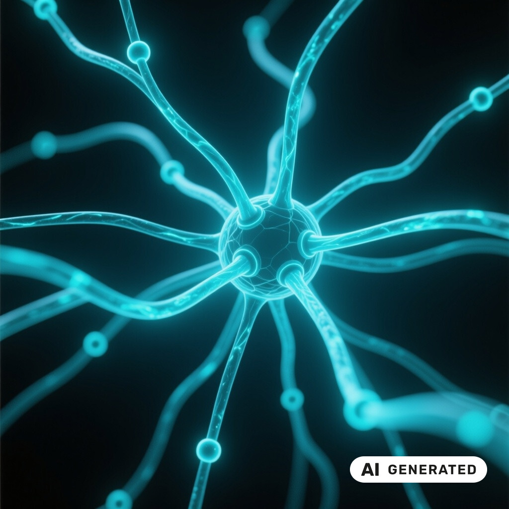 Abstrakte dreidimensionale Datenvisualisierung eines neuronalen Netzes im dunklen Raum
