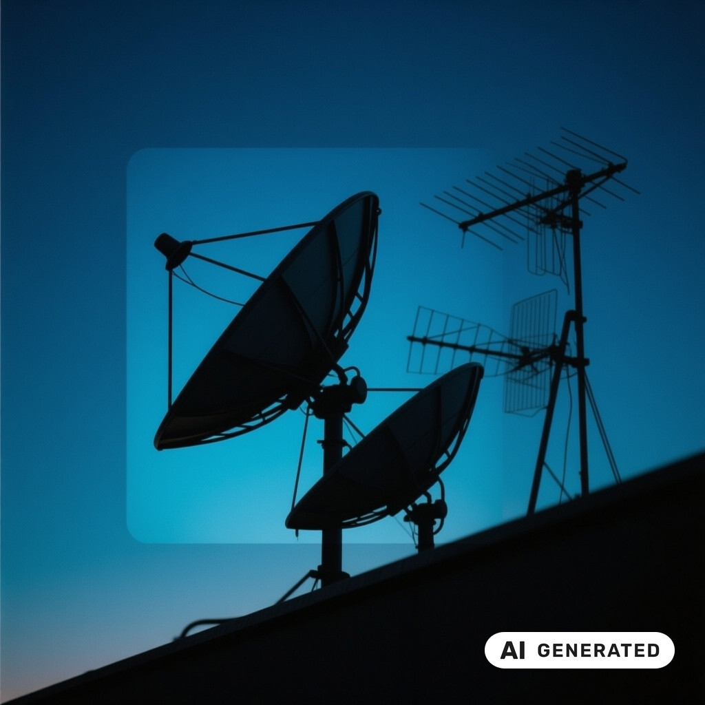 Satellitenschüssel und Antennenanlage als Silhouette vor tiefblauem Abendhimmel