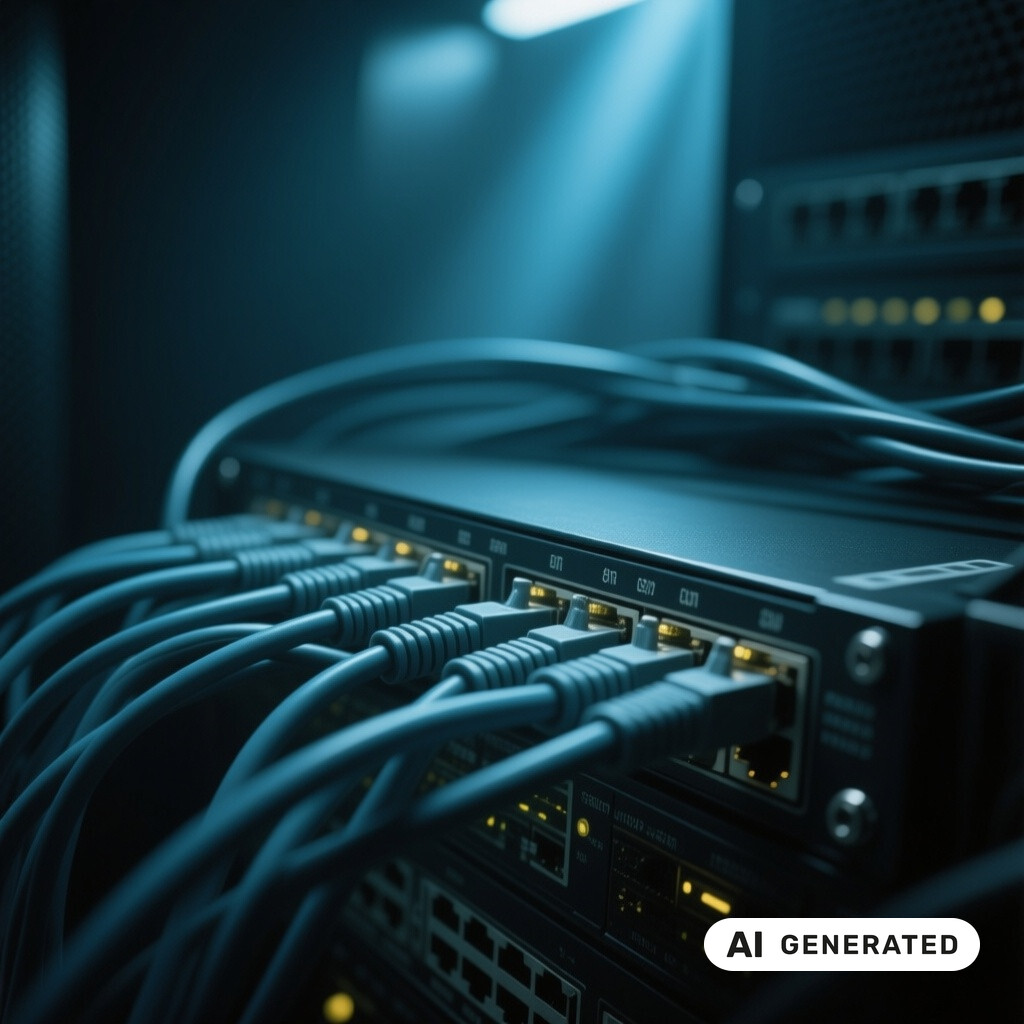 Nahaufnahme von Netzwerk-Switches und Patchkabeln in einem schwach beleuchteten Serverraum