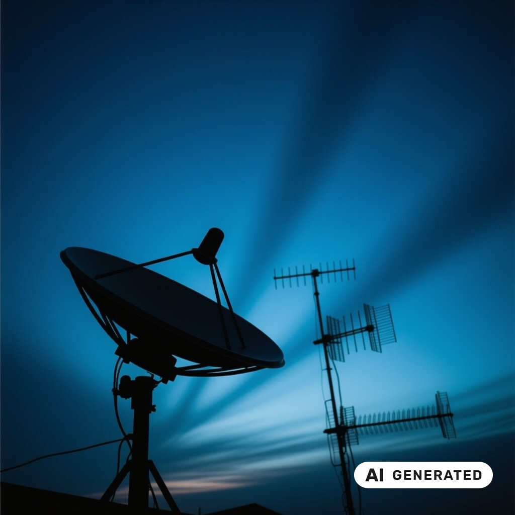 Satellitenschüssel und Antennenanlage als Silhouette vor tiefblauem Abendhimmel