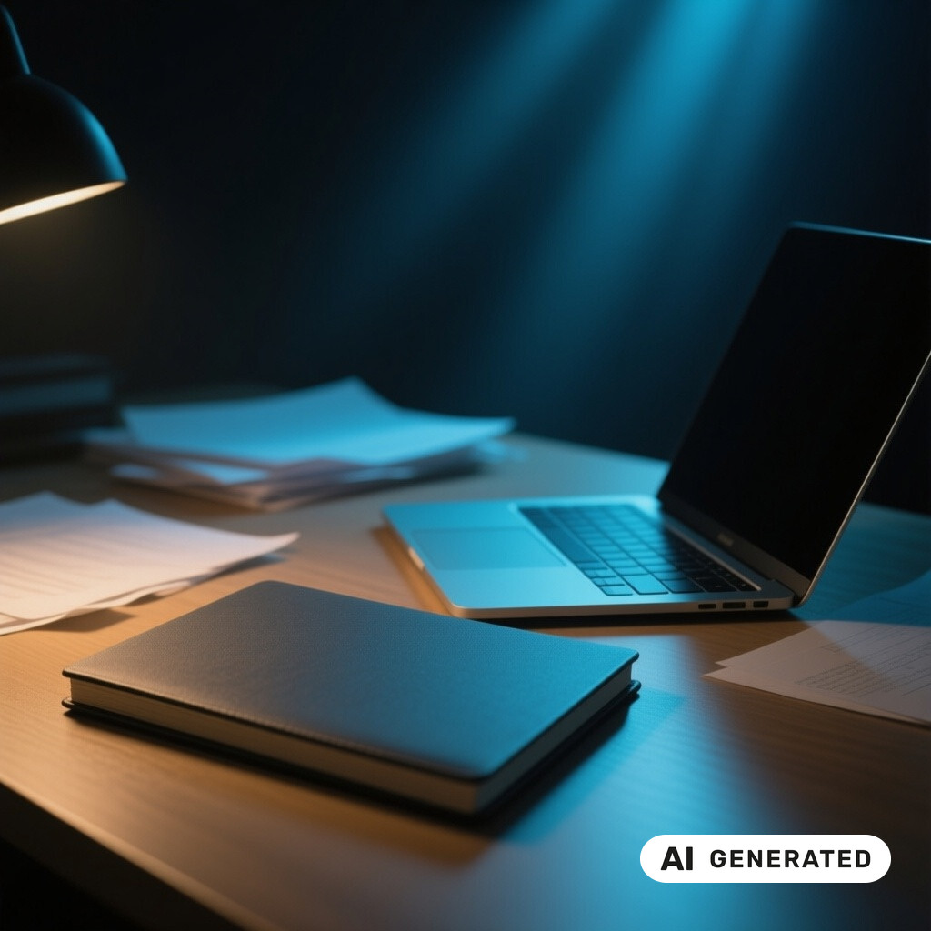 Ruhige Schreibtischszene mit Notizbuch, Laptop und Papieren im warmen Seitenlicht