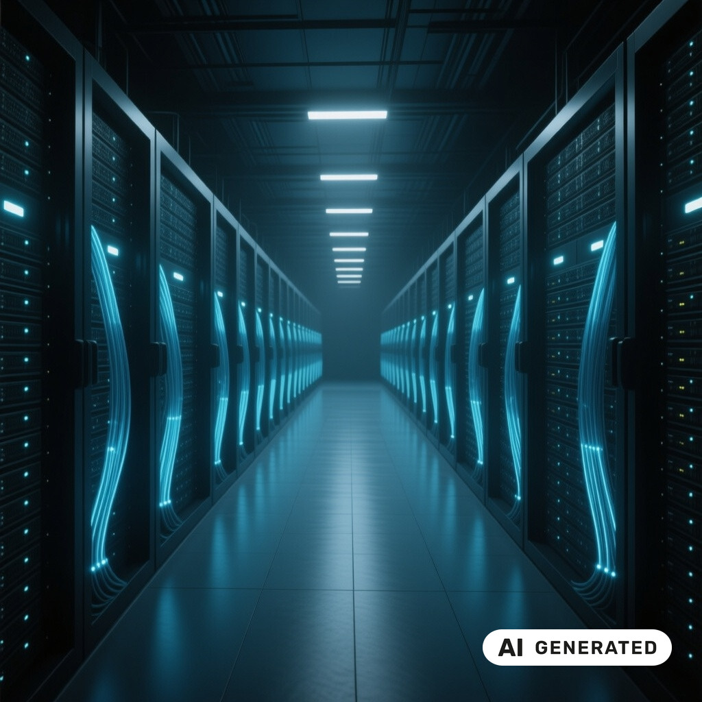 Serverraum mit langen Reihen von Racks, Glasfaserverkabelung und kühlen blauen Kontrollleuchten