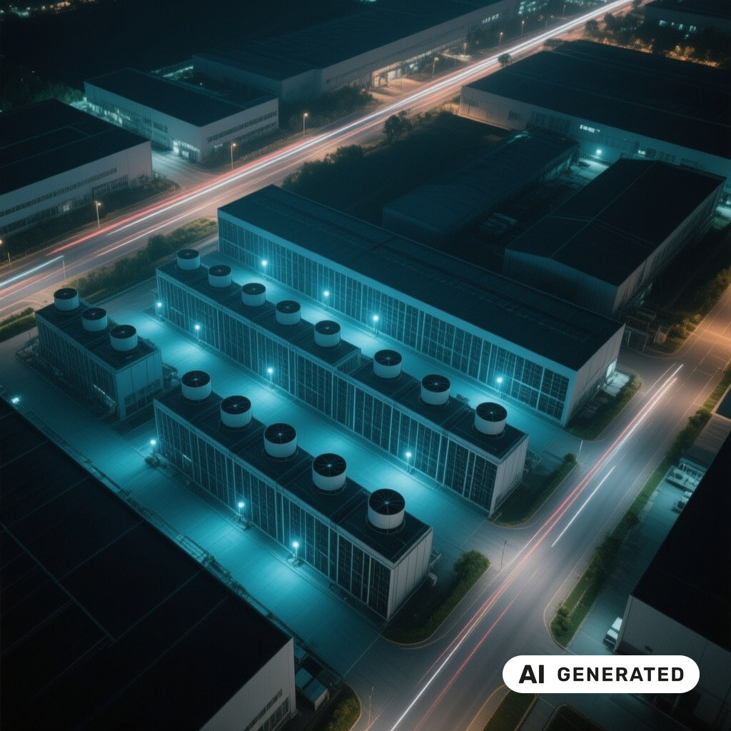 Luftaufnahme eines Rechenzentrums-Campus bei Nacht mit Kühlanlagen und Lichtspuren