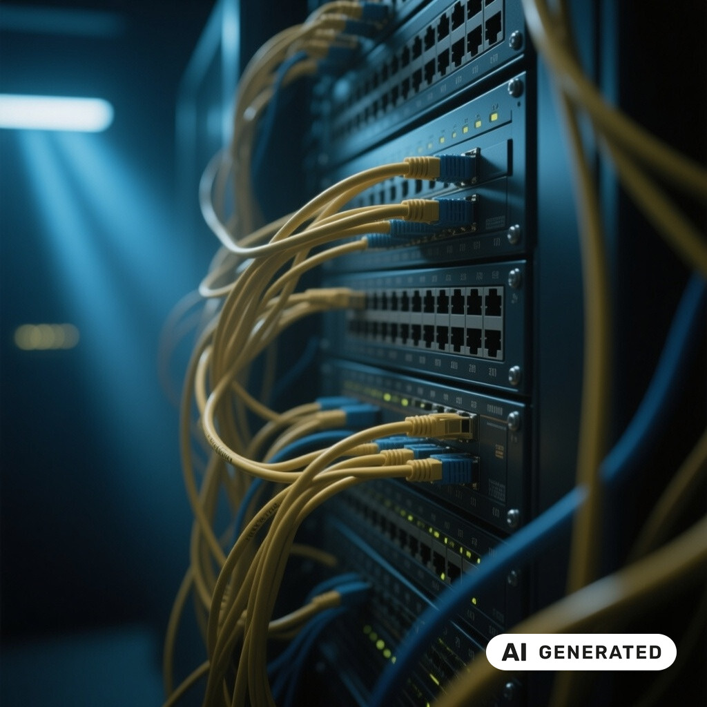 Nahaufnahme von Netzwerk-Switches und Patchkabeln in einem schwach beleuchteten Serverraum