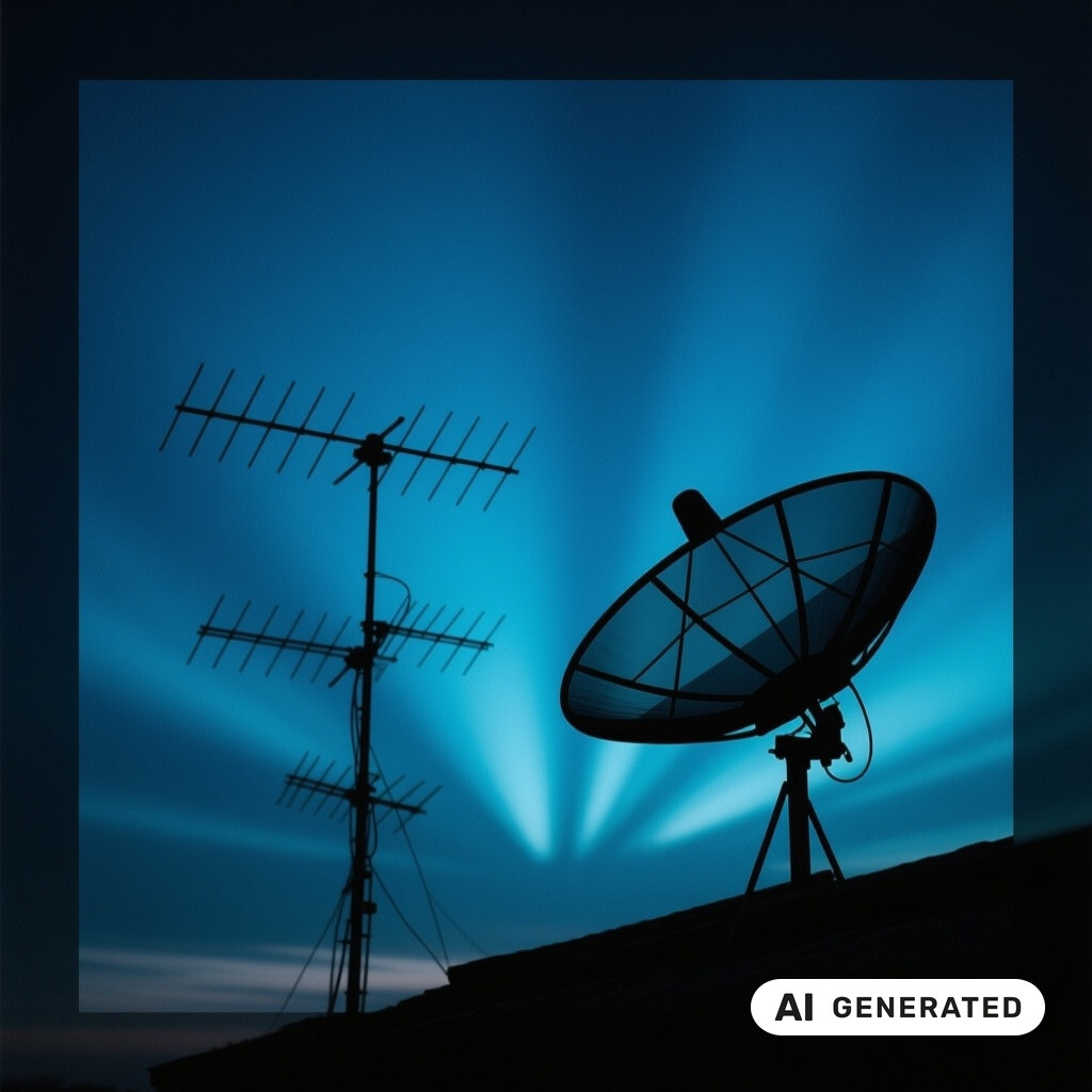 Satellitenschuessel und Antennenanlage als Silhouette vor tiefblauem Abendhimmel
