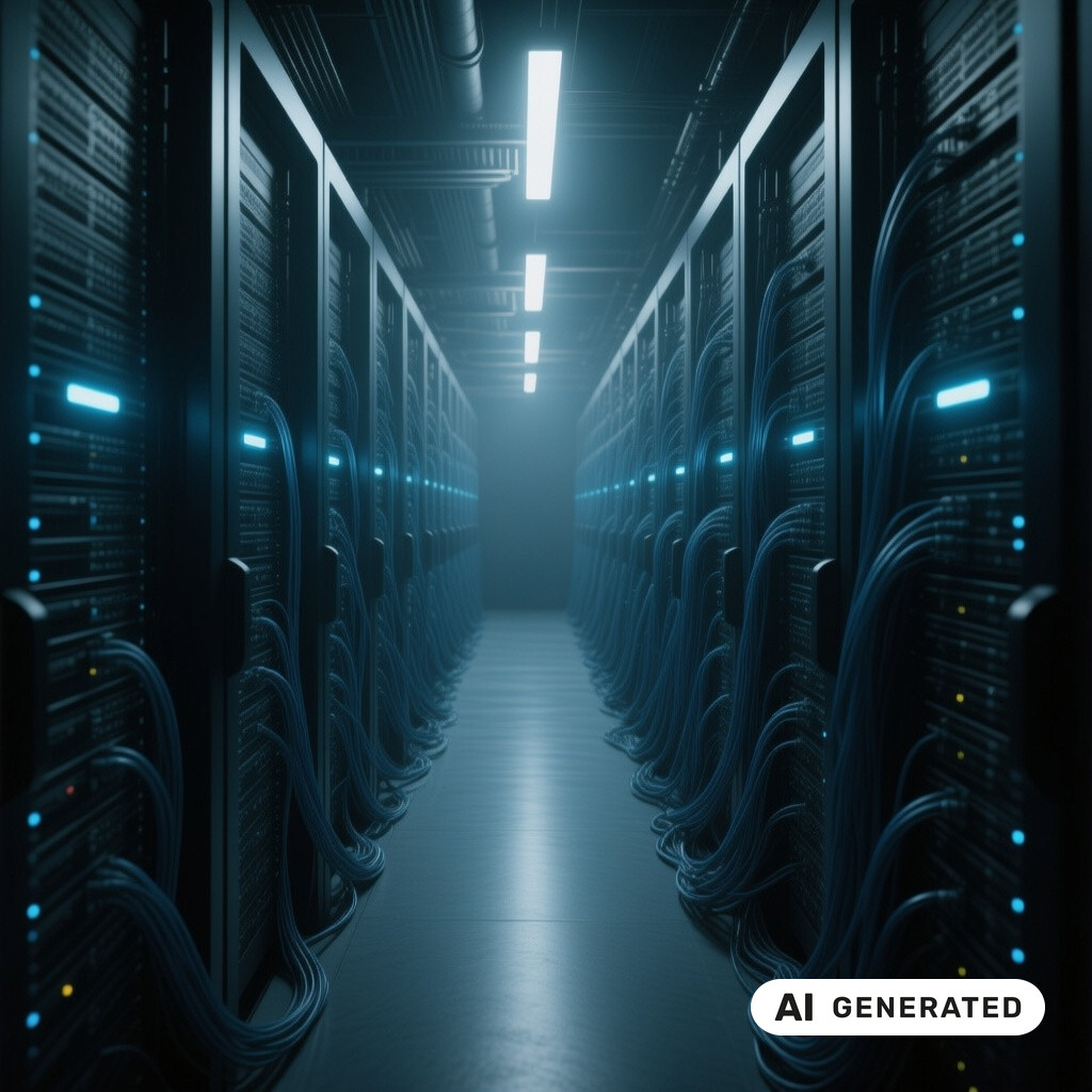 Serverraum mit langen Reihen von Racks, Glasfaserverkabelung und kuehlen blauen Kontrollleuchten