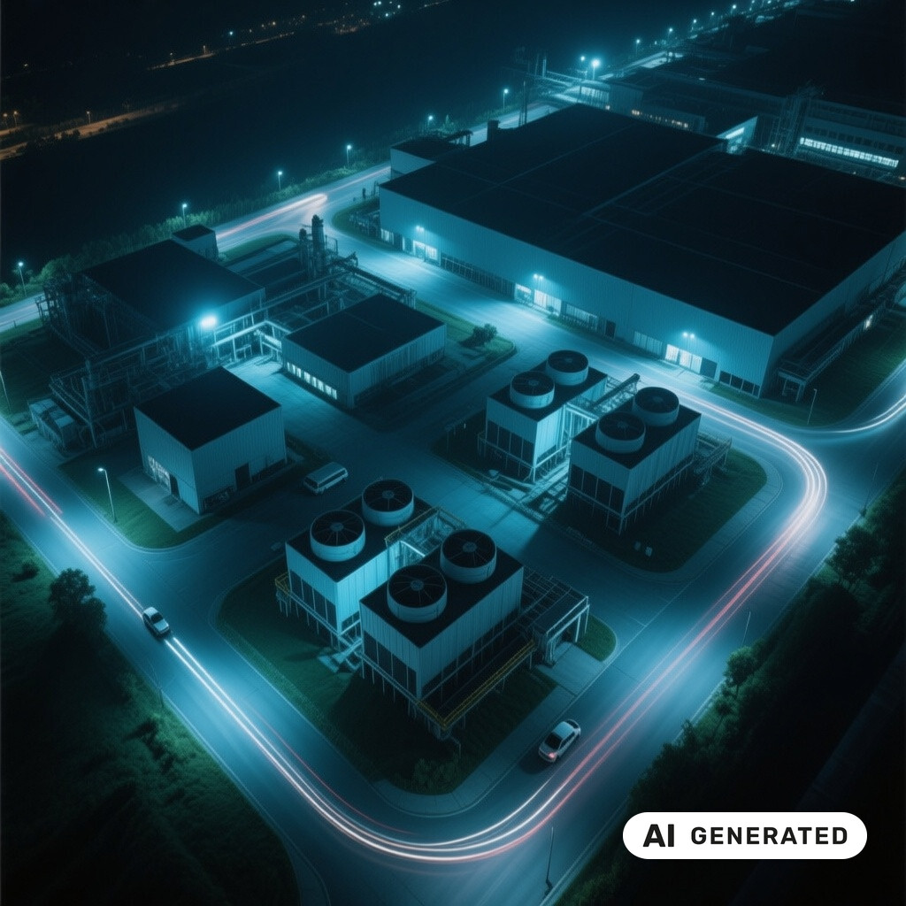 Luftaufnahme eines Rechenzentrums-Campus bei Nacht mit Kuehlanlagen und Lichtspuren