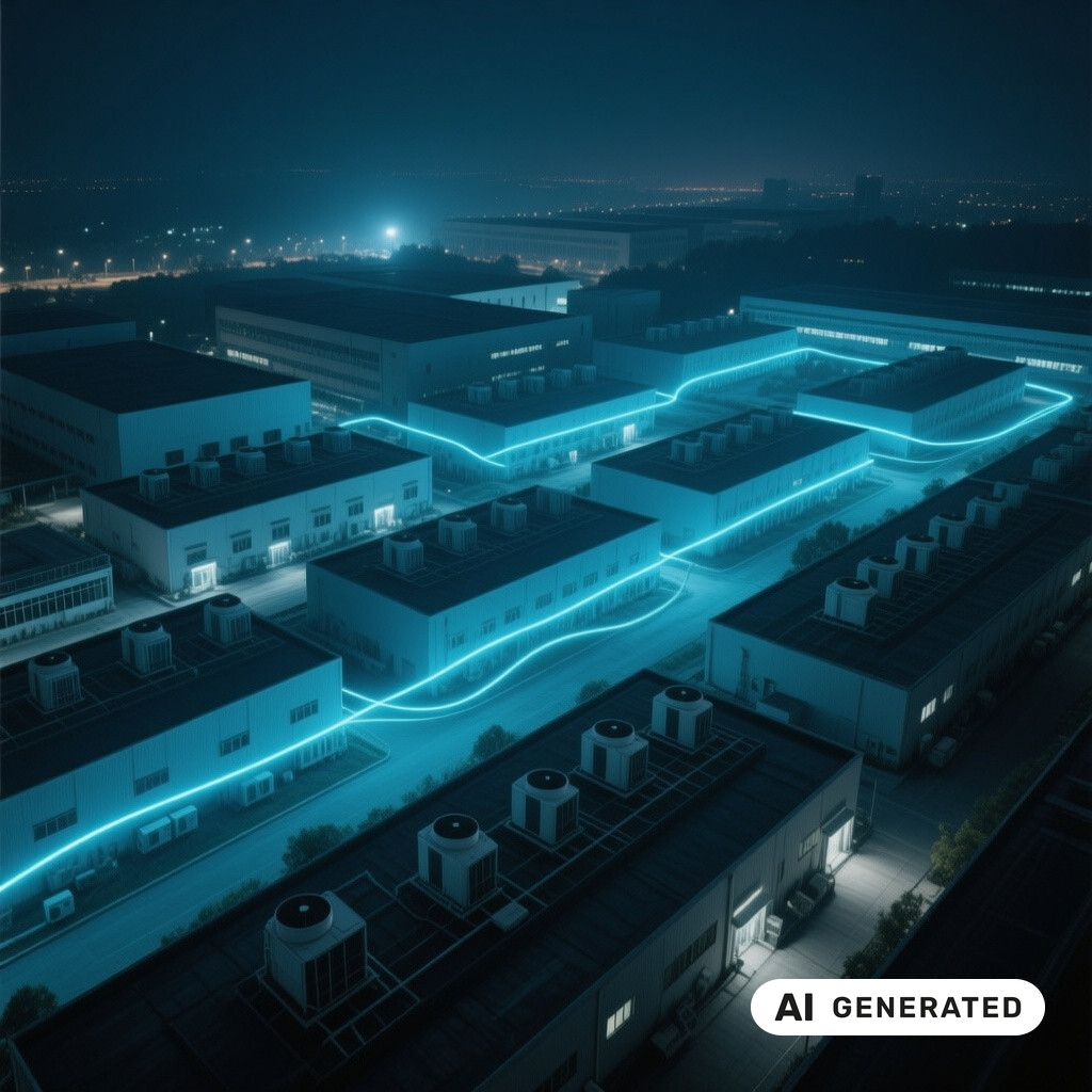 Luftaufnahme eines Rechenzentrums-Campus bei Nacht mit Kuehlanlagen und Lichtspuren