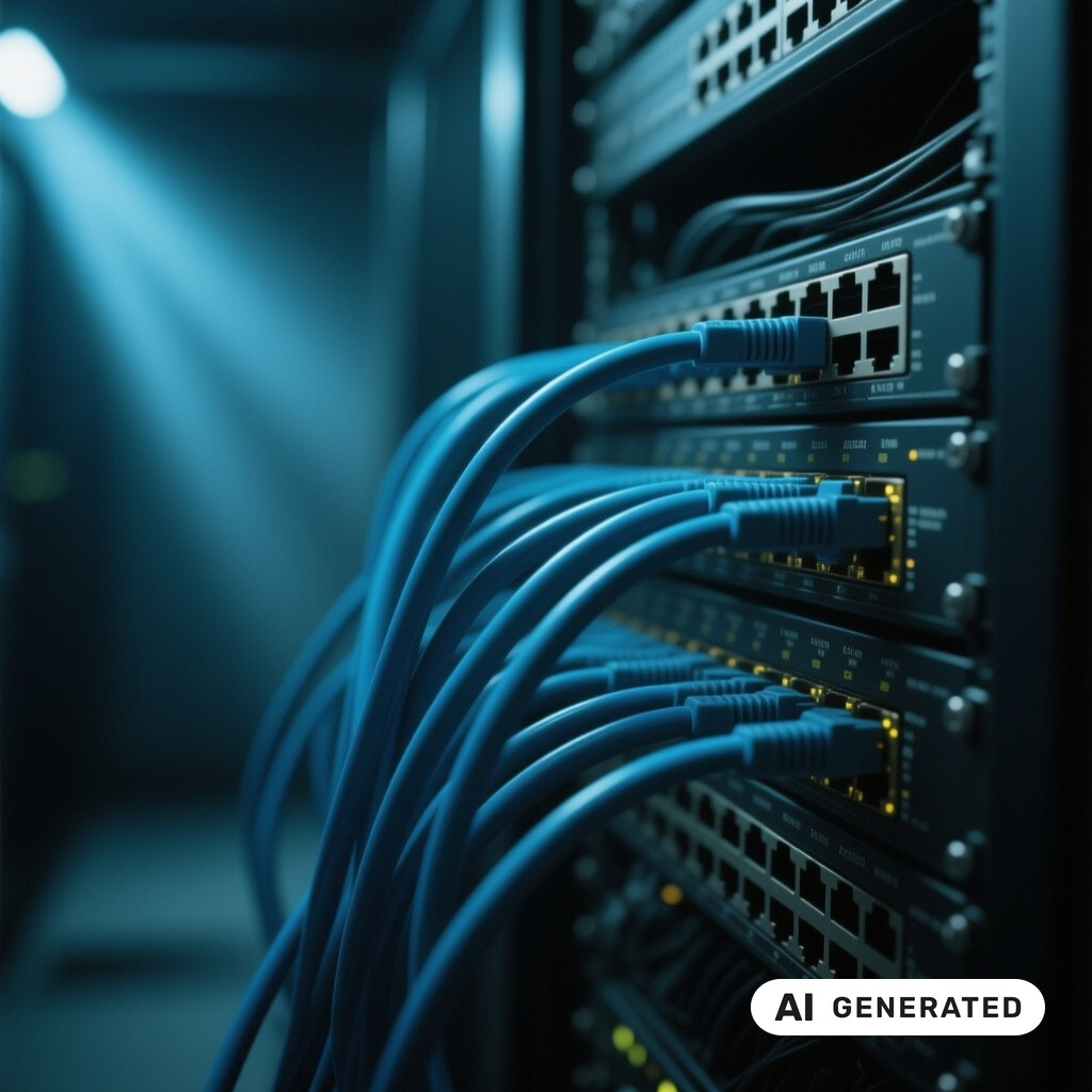 Nahaufnahme von Netzwerk-Switches und Patchkabeln in einem schwach beleuchteten Serverraum