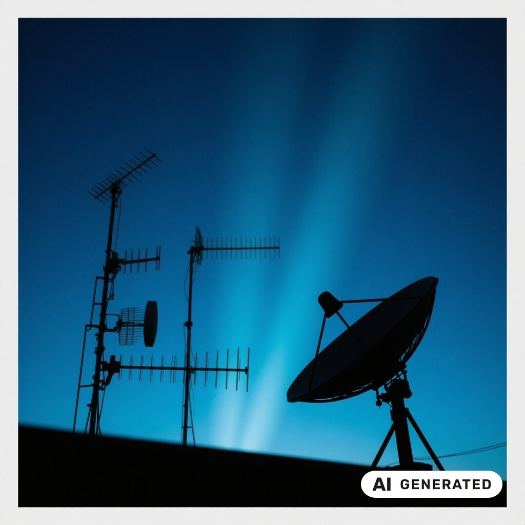 Satellitenschuessel und Antennenanlage als Silhouette vor tiefblauem Abendhimmel