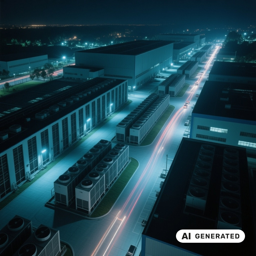 Luftaufnahme eines Rechenzentrums-Campus bei Nacht mit Kuehlanlagen und Lichtspuren