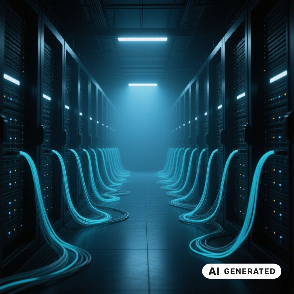 Serverraum mit langen Reihen von Racks, Glasfaserverkabelung und kuehlen blauen Kontrollleuchten