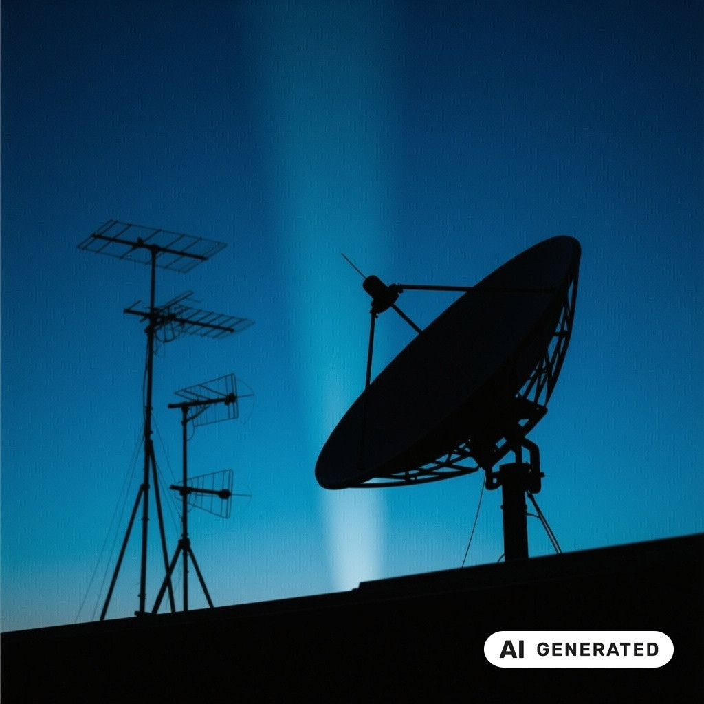 Satellitenschuessel und Antennenanlage als Silhouette vor tiefblauem Abendhimmel