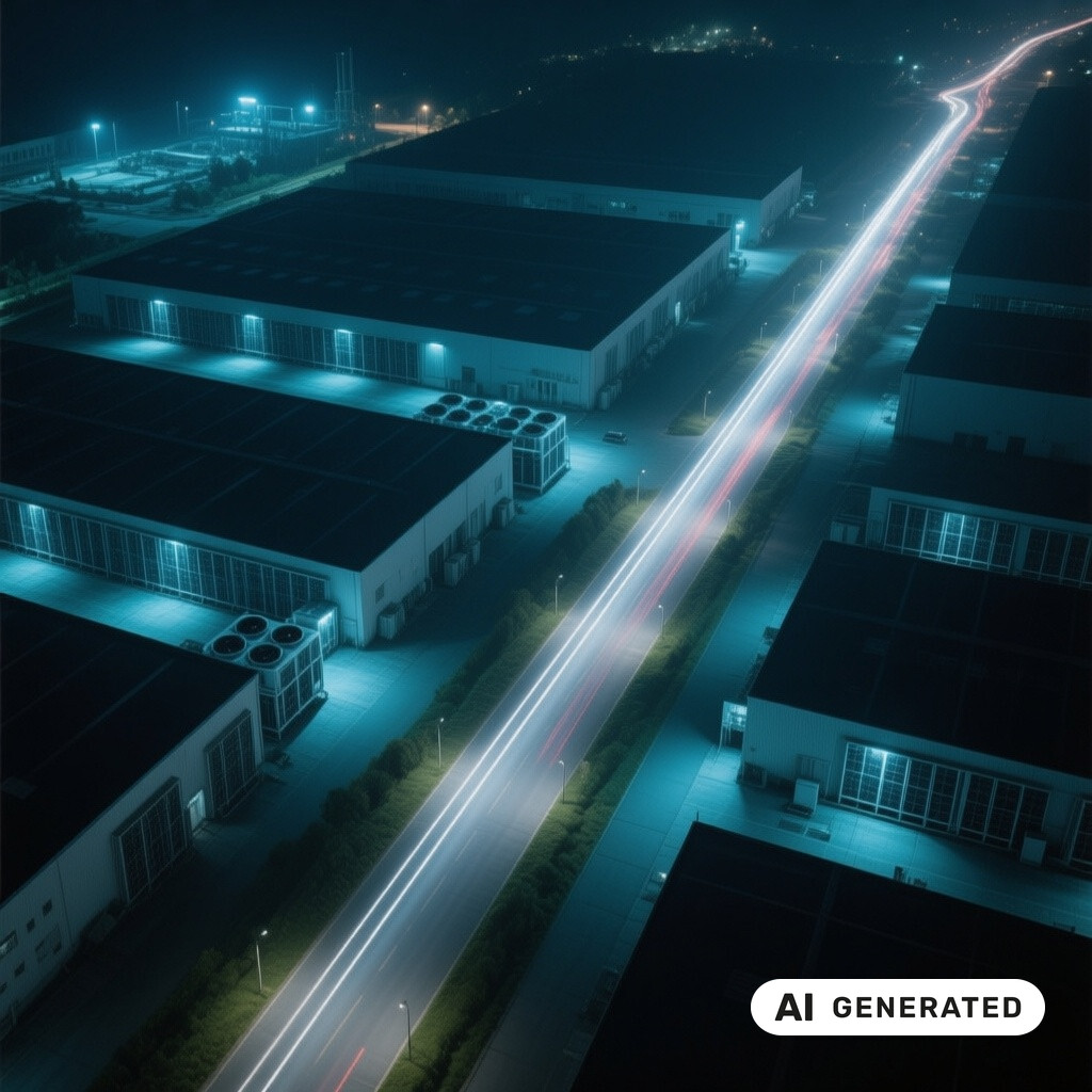 Luftaufnahme eines Rechenzentrums-Campus bei Nacht mit Kuehlanlagen und Lichtspuren