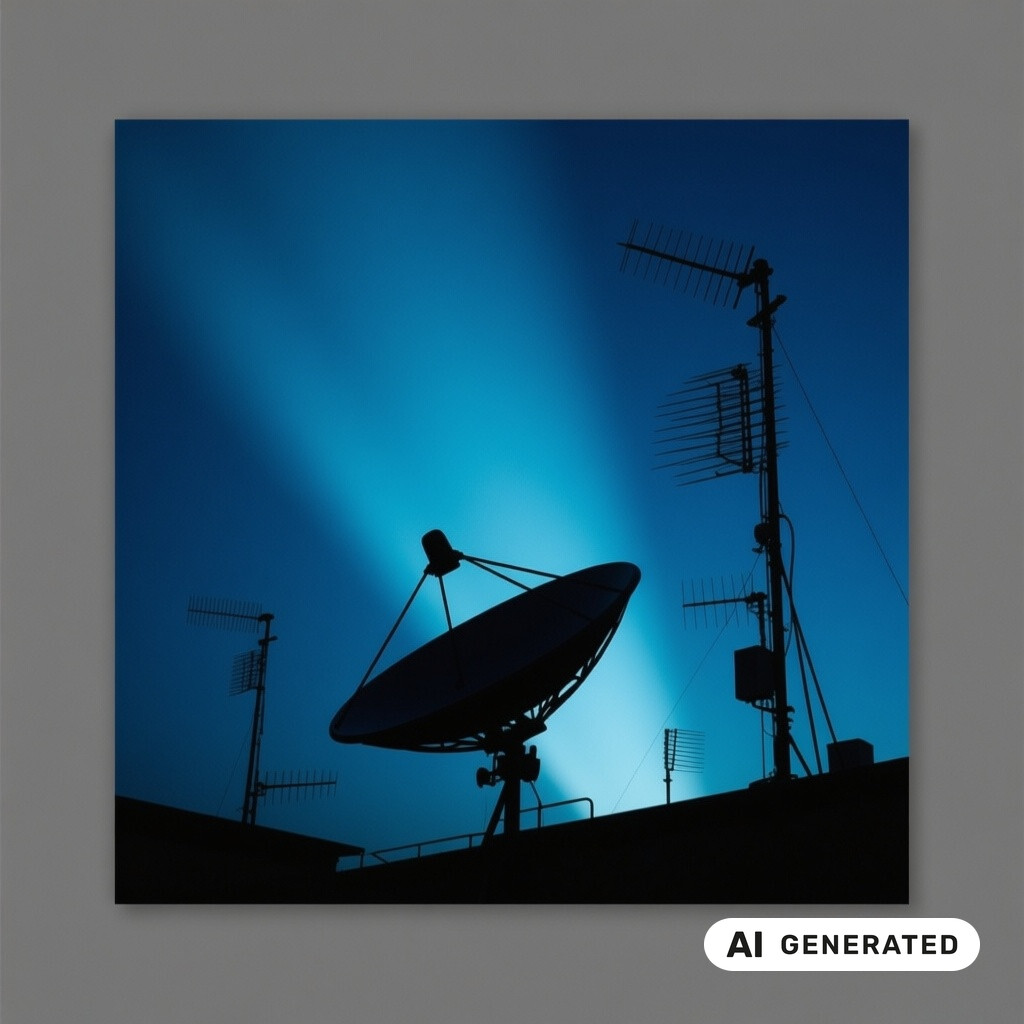 Satellitenschuessel und Antennenanlage als Silhouette vor tiefblauem Abendhimmel