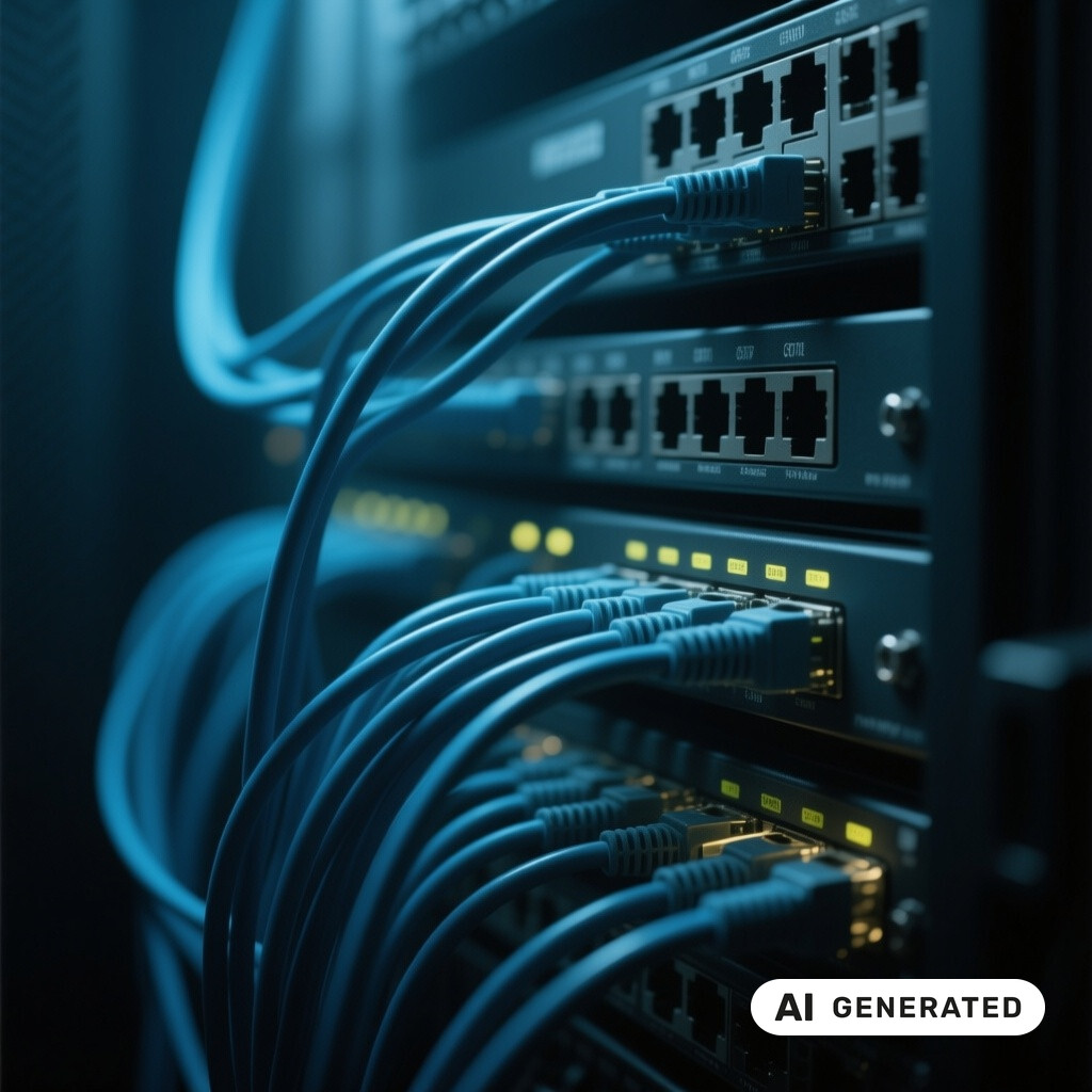 Nahaufnahme von Netzwerk-Switches und Patchkabeln in einem schwach beleuchteten Serverraum