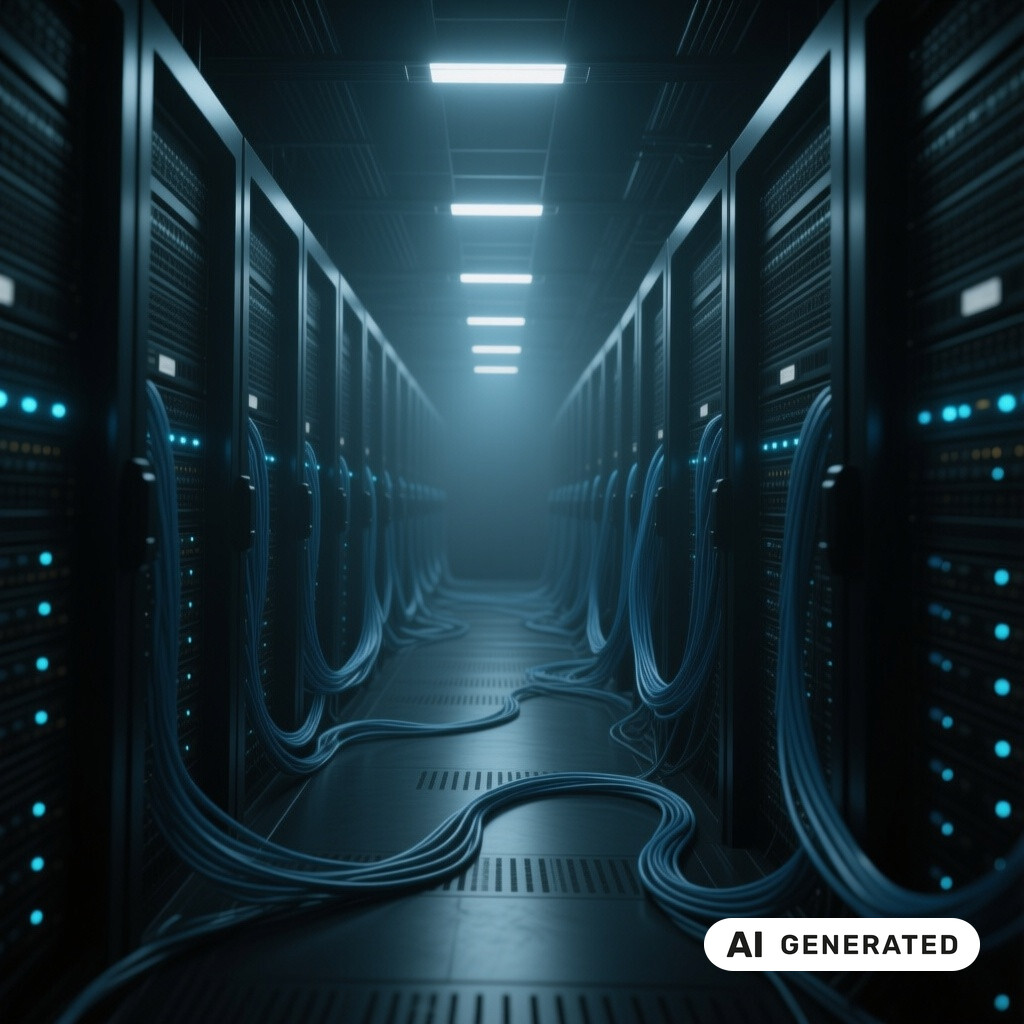 Serverraum mit langen Reihen von Racks, Glasfaserverkabelung und kuehlen blauen Kontrollleuchten