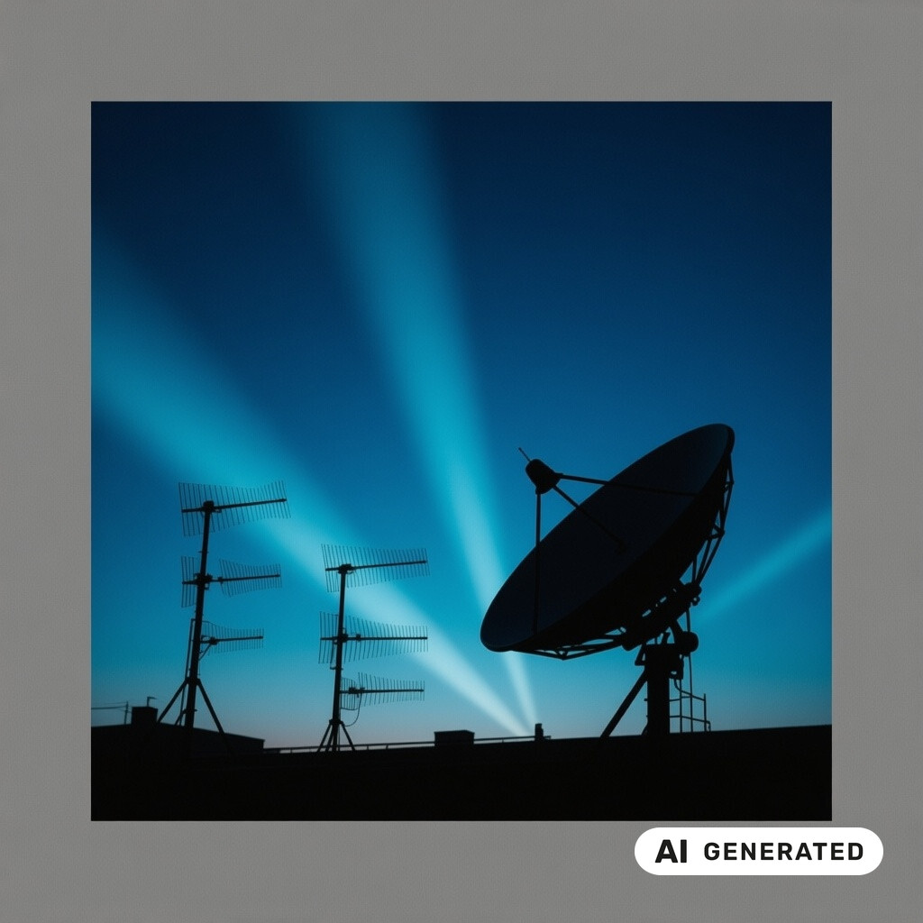 Satellitenschuessel und Antennenanlage als Silhouette vor tiefblauem Abendhimmel