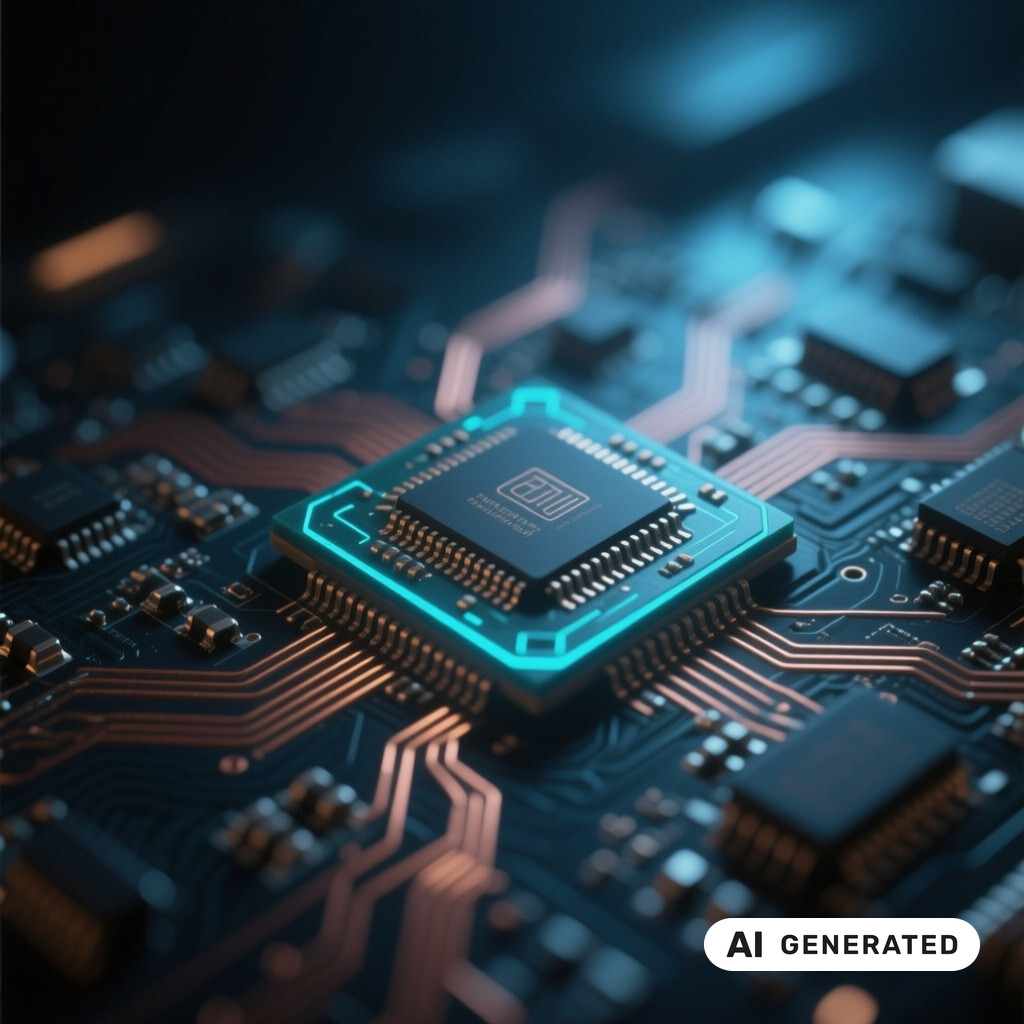Makroaufnahme einer Platine mit Mikrochip und leuchtenden Kupferleiterbahnen